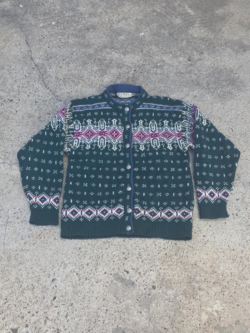 Vintage L.L.Bean Wool Fair Isle Cardigan Sweater Green Nordic USA Made M